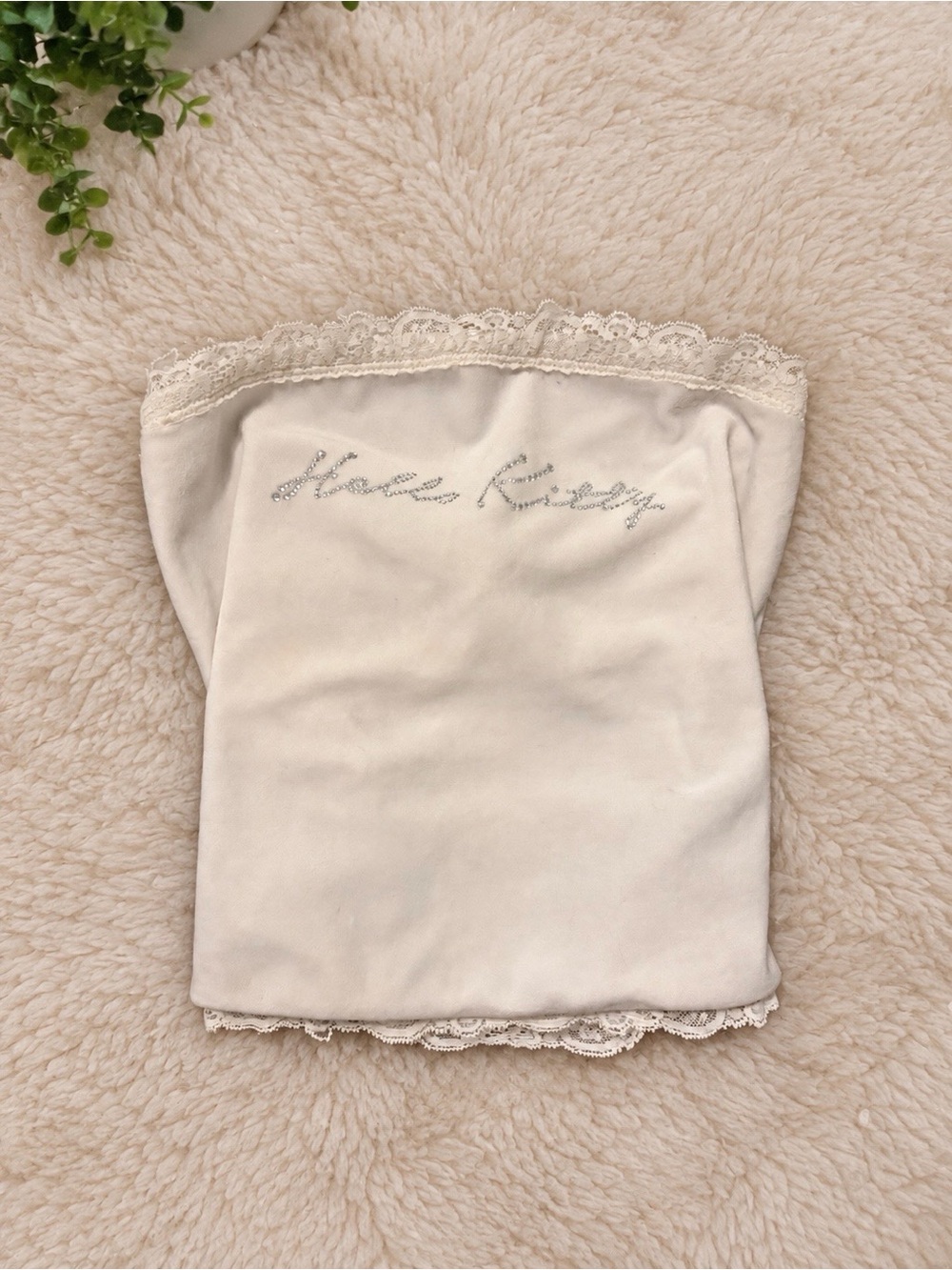 Forever 21 Cream Lace-Trim Strapless Bandeau with Rhinestone Script